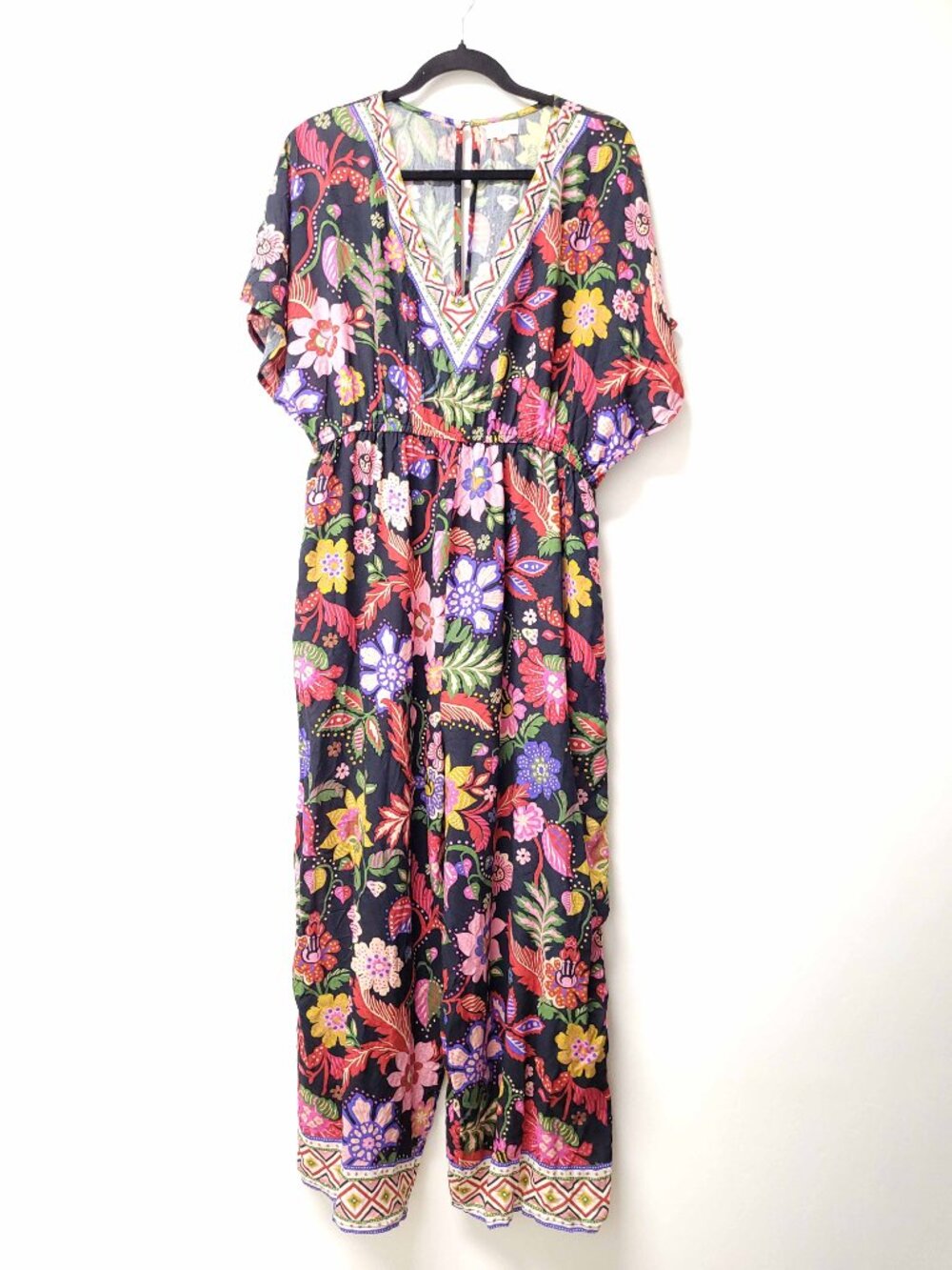 World Market Misha Black and Pink Floral and Geo Jumpsuit with Pockets Size L/XL